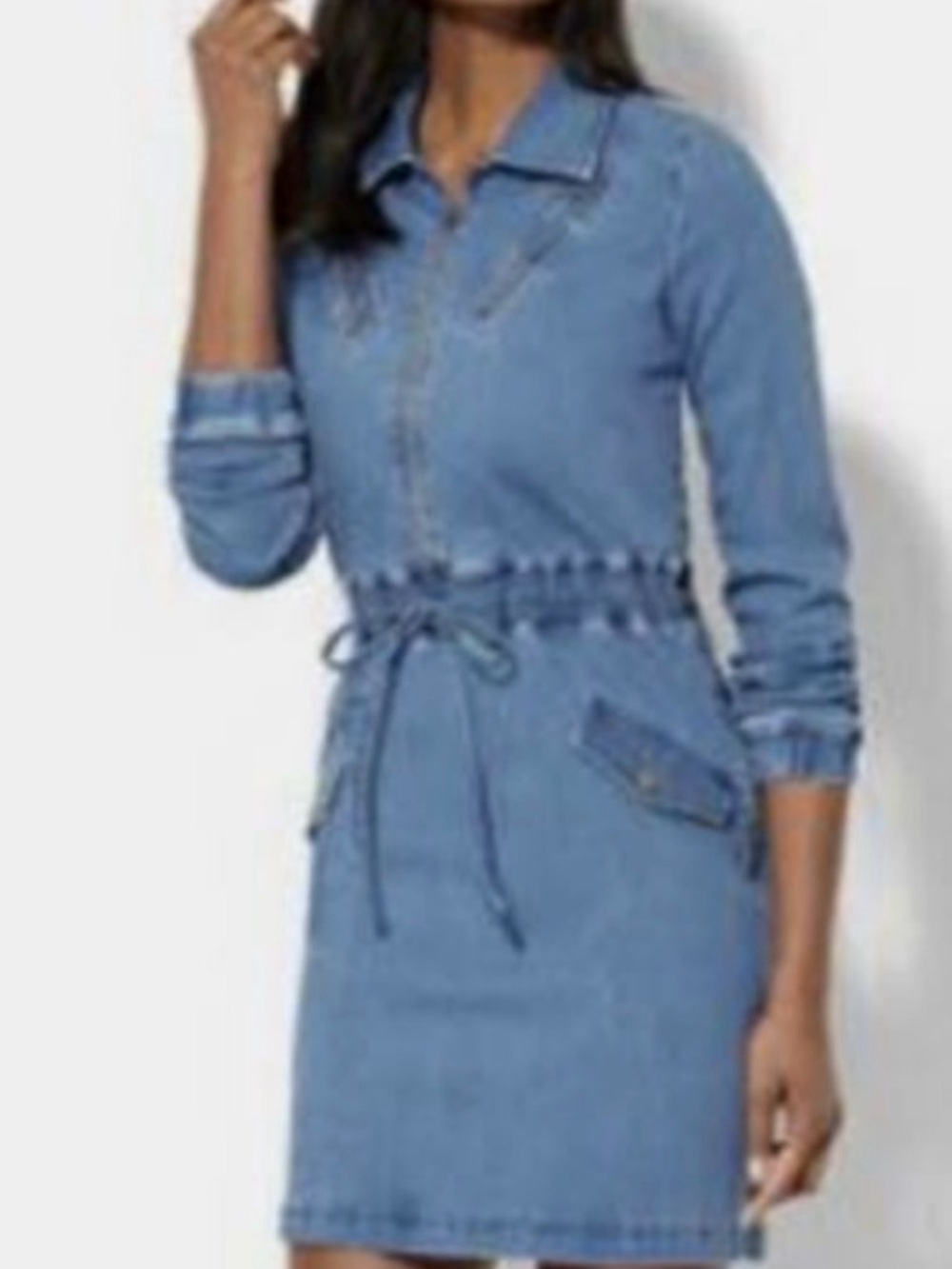 Denim Drawstring Waist Shirt Dress - Blue